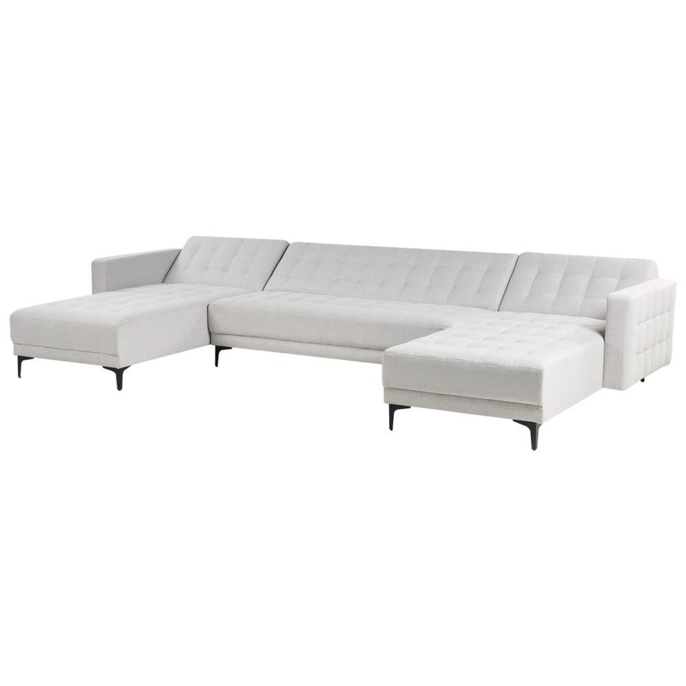 Divano letto ad angolo in tessuto trapuntato in velluto grigio chiaro moderno a forma di U componibile a 5 posti con chaise longue