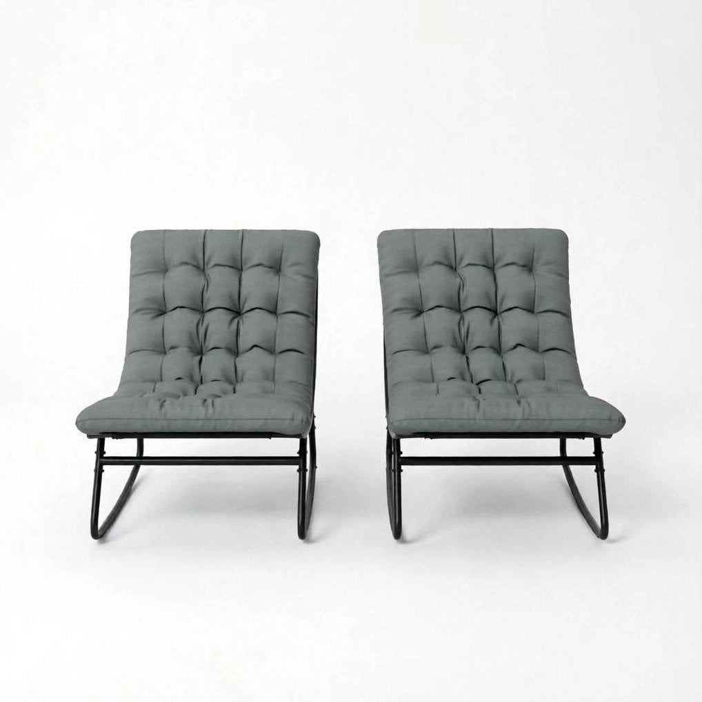 Set di 2 sedie a dondolo da esterno con cuscino; 64x101x71 cm; in acciaio nero e grigio scuro