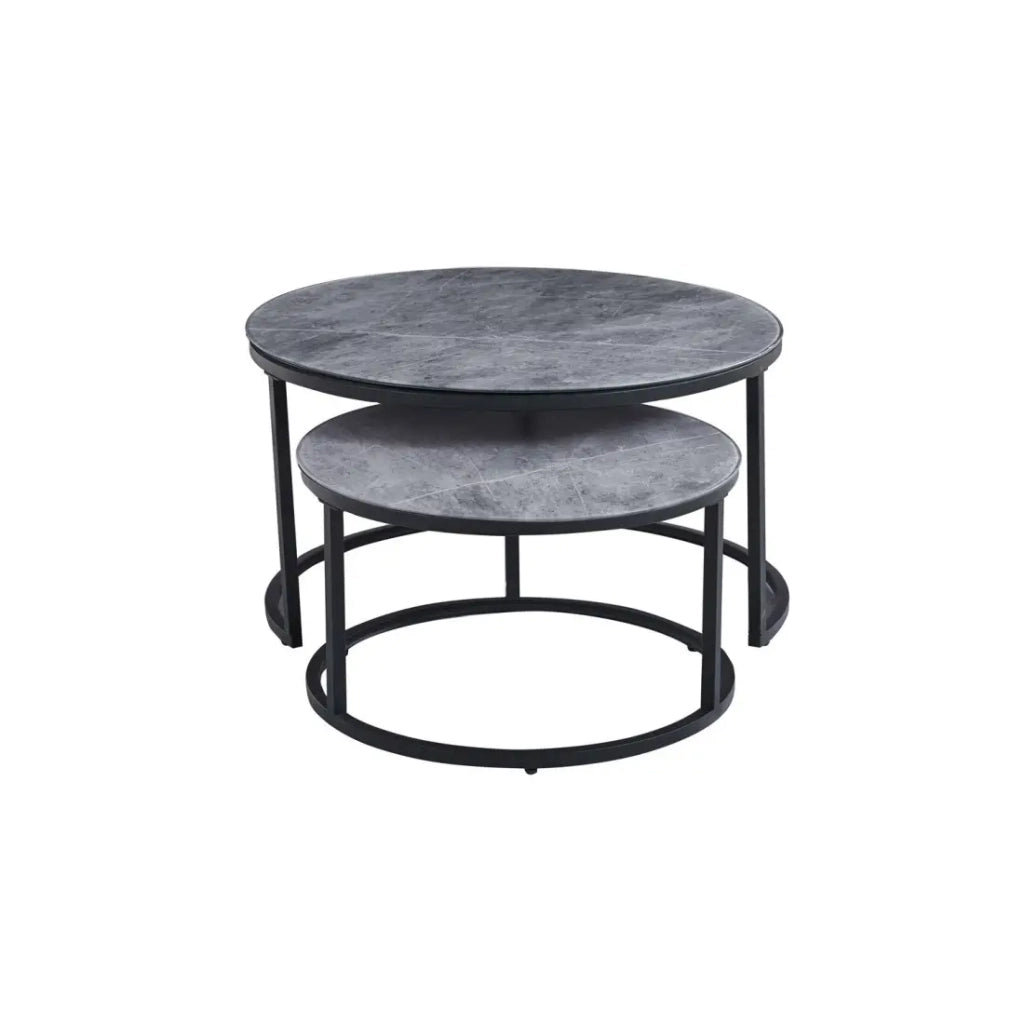 Tavolino basso nidificato MANHATTAN – Effetto pietra grigia marmorizzata e metallo – Design moderno