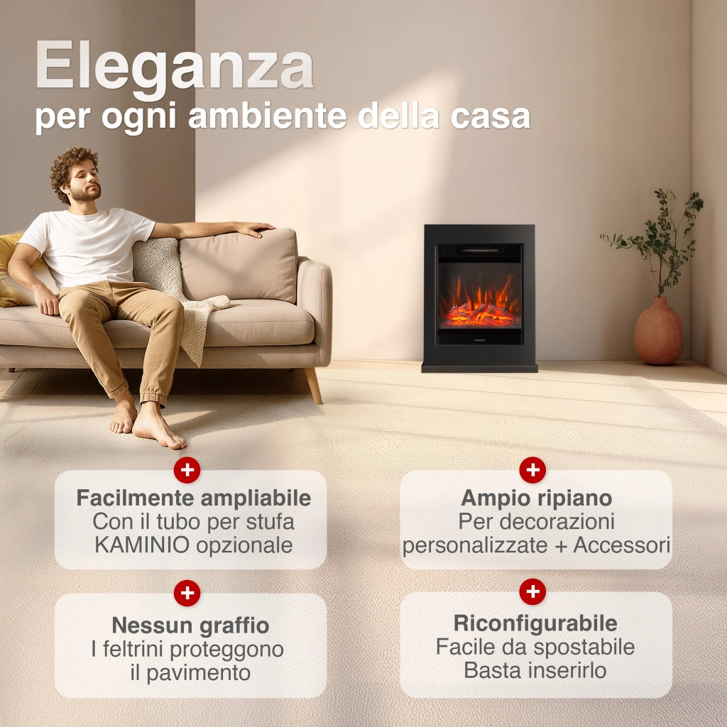 KAMINIO Camino elettrico KALLE - Caminetto elettrico a pavimento con riscaldamento, effetto fiamma 3D, telecomando - Nero