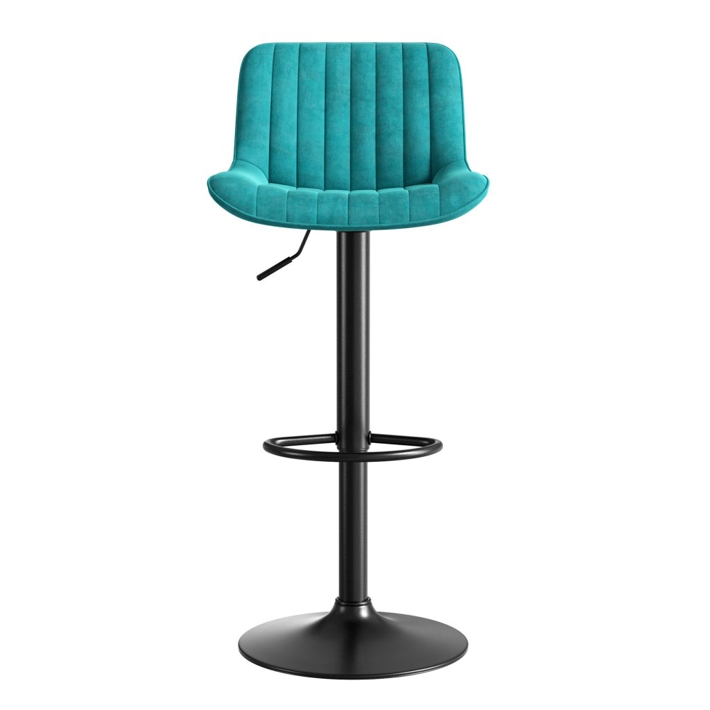 Sgabello da bar girevole in velluto con altezza regolabile e schienale ergonomico, base in ferro e legno blu