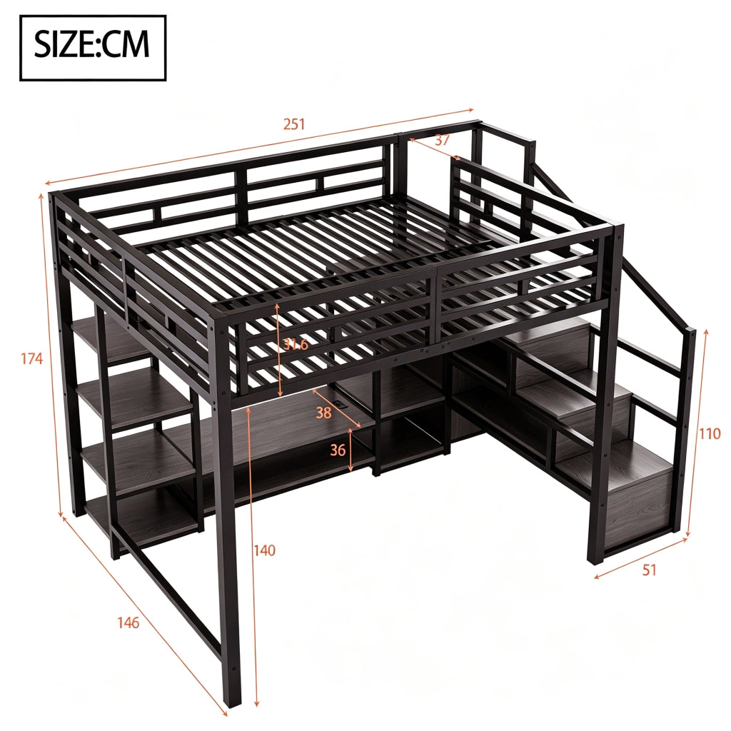 Letto a soppalco 140 × 200 cm con supporto TV, presa elettrica e scala contenitore, senza materasso, in metallo, nero