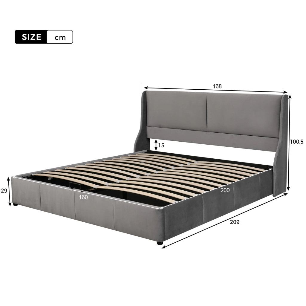 OKWISH Letto Contenitore 160×200 cm, Letto Matrimoniale con Sollevamento Idraulico, Testiera a Orecchie e Vano Contenitore, senza Materasso, Velluto, Grigio