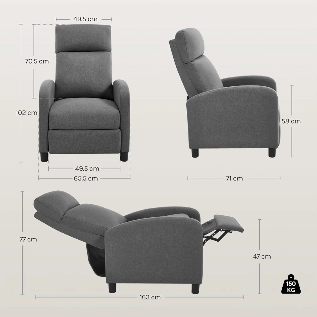 Poltrona Reclinabile a Multilivello, Chaise Longue con Poggiapiedi Regolabile, Poltrona Relax Singolo, Con Schienale Alto, Seduta Imbottita, Lino, Grigio Scuro, SKS58dgr