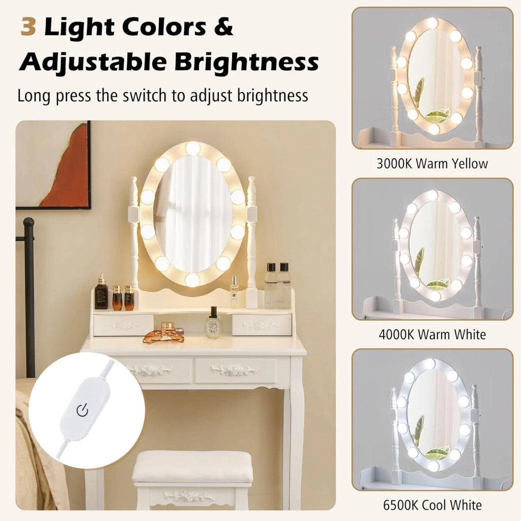 Tavolo da toeletta con specchio, 1 sgabello, specchio girevole a 360° con 10 LED, 3 colori di luce, tavolo da trucco con 4 cassetti, parte superiore mobile, tavolino in legno, bianco