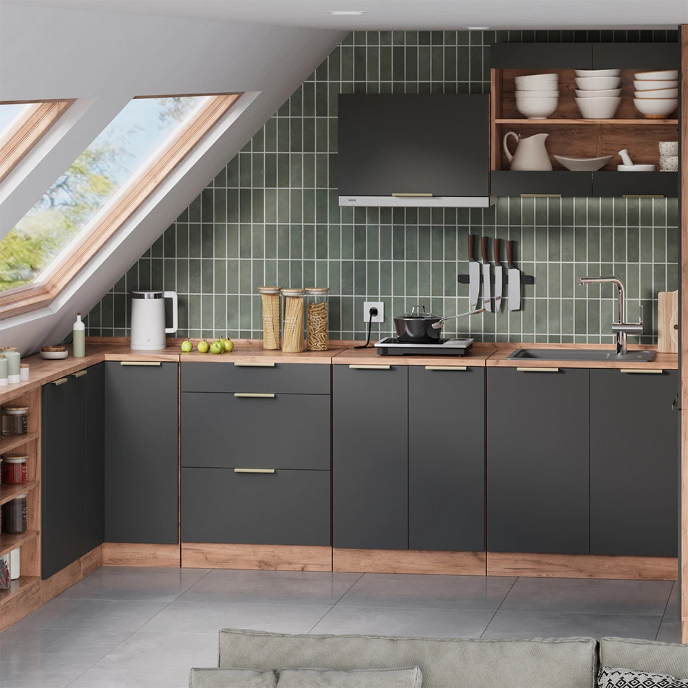 Mobile cucina sottotetto R-Line Antracite-oro/Rovere dorato 60 cm senza inclinazione con 3 cassetti Vicco