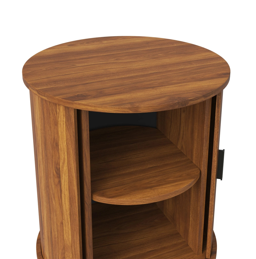 Mobiletto rotondo 48x48x65 cm con anta scorrevole e ripiano interno; MDF e truciolare; noce