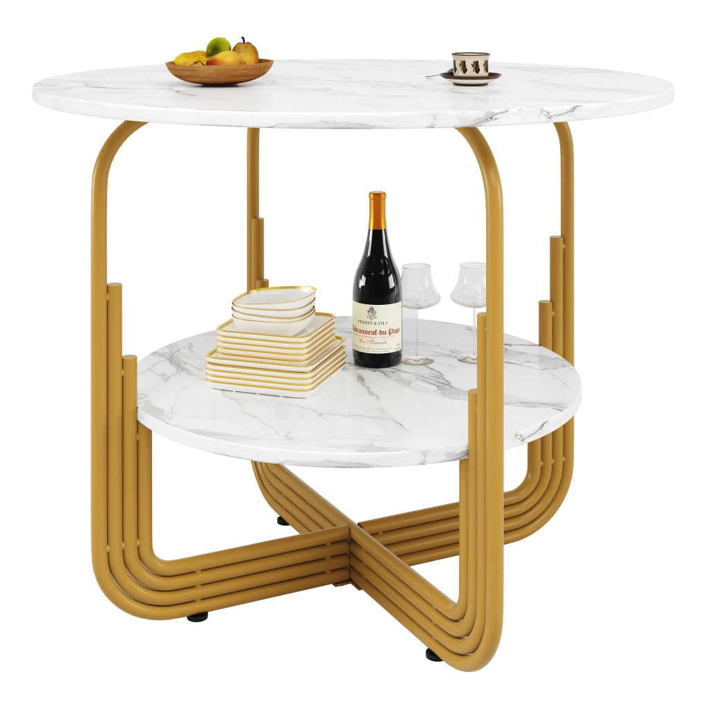 Tavolo da pranzo rotondo con piano in MDF effetto marmo, base dorata, per soggiorno e sala da pranzo, 80 × 80 × 76 cm