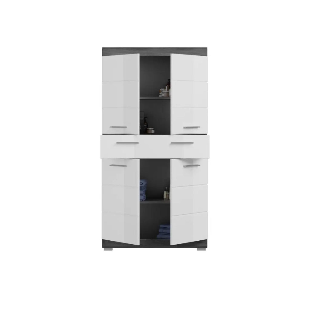 Mobile contenitore SCOTT – 4 porte e 1 cassetto – Grigio scuro e bianco – 74x141x31 cm