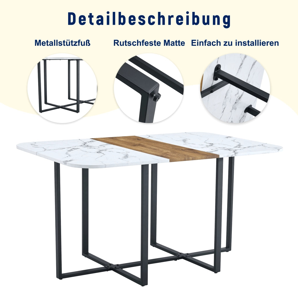 Set tavolo da pranzo allungabile con 4 sedie, struttura in MDF e metallo, bianco, nero e legno naturale per cucina e sala da pranzo