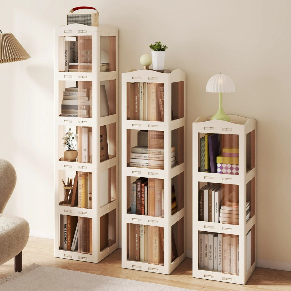 Libreria girevole pieghevole a 3 livelli per soggiorno e studio, Scaffale girevole a 360¡ã con base rotante per esposizione Bianco-Librerie