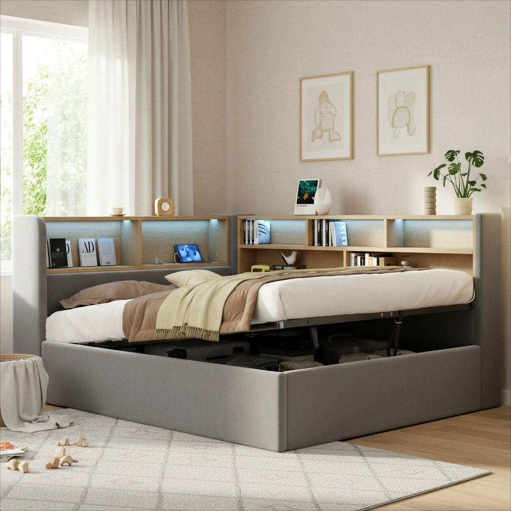 Letto da giorno imbottito 140x200 cm in velluto grigio con contenitore idraulico, LED, USB e vani portaoggetti