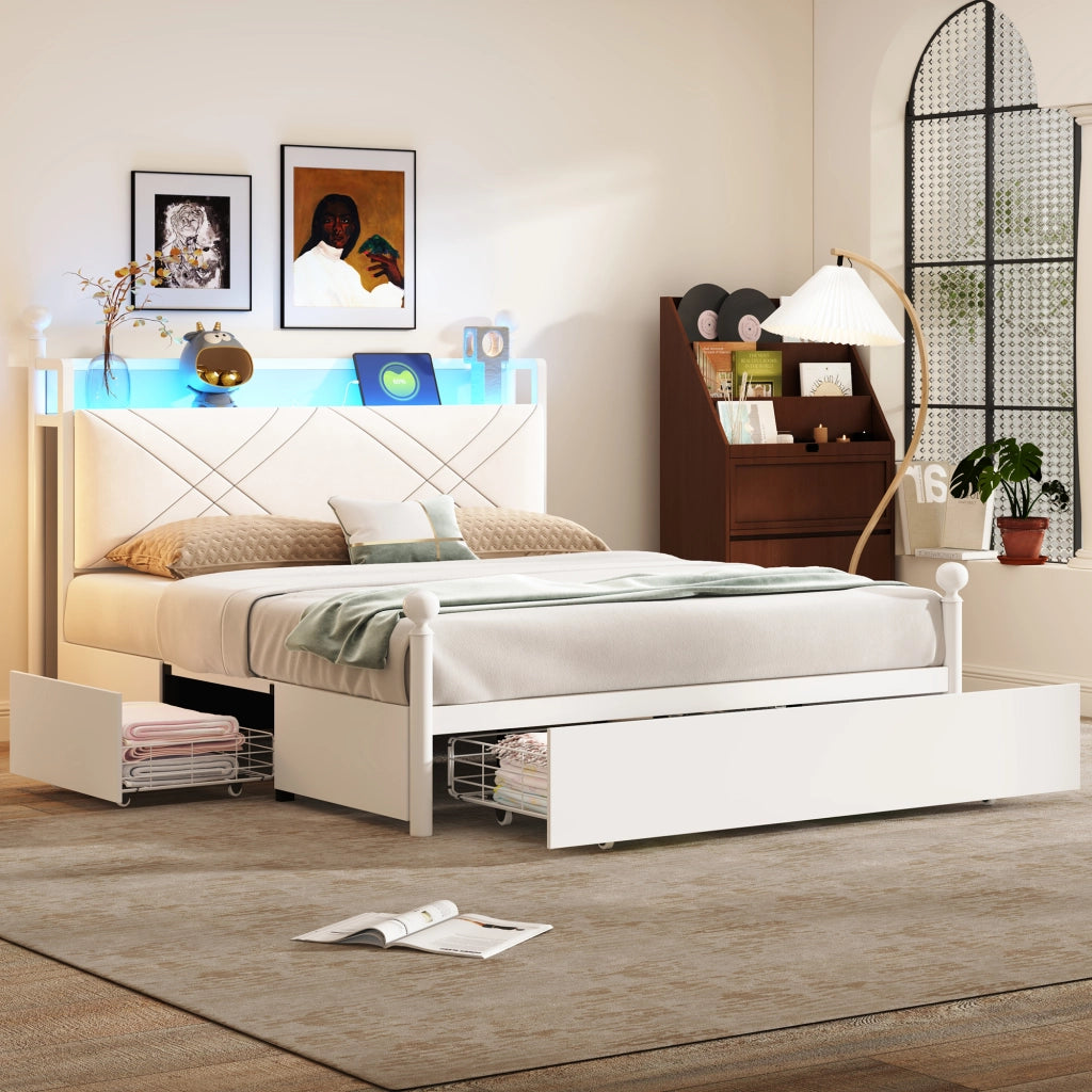DESMIU Lit adulto 140 × 190 cm 2 posti con LED, USB e Type-C, senza materasso, in metallo, bianco