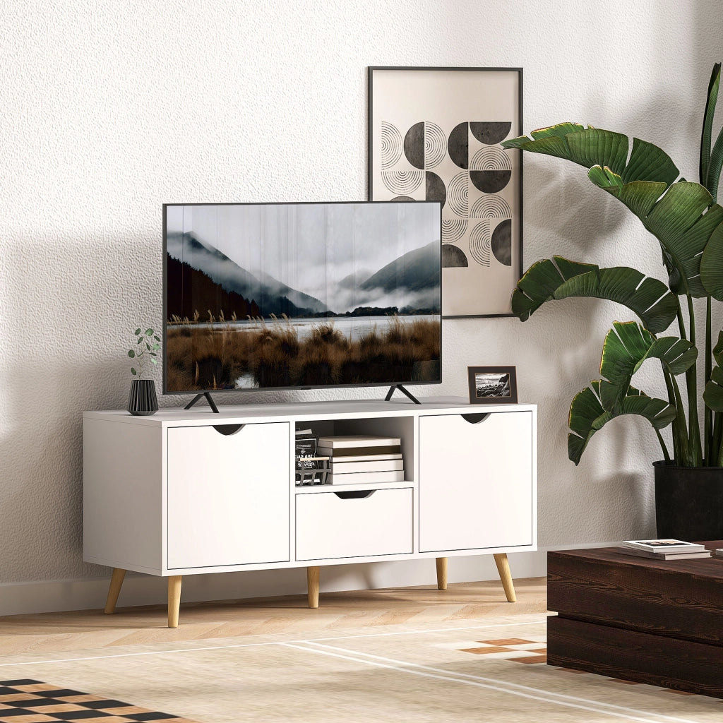 Mobile Porta TV max 50" con Cassetto, Ripiano Aperto e Armadietti, 110x40x50 cm, Bianco e Legno