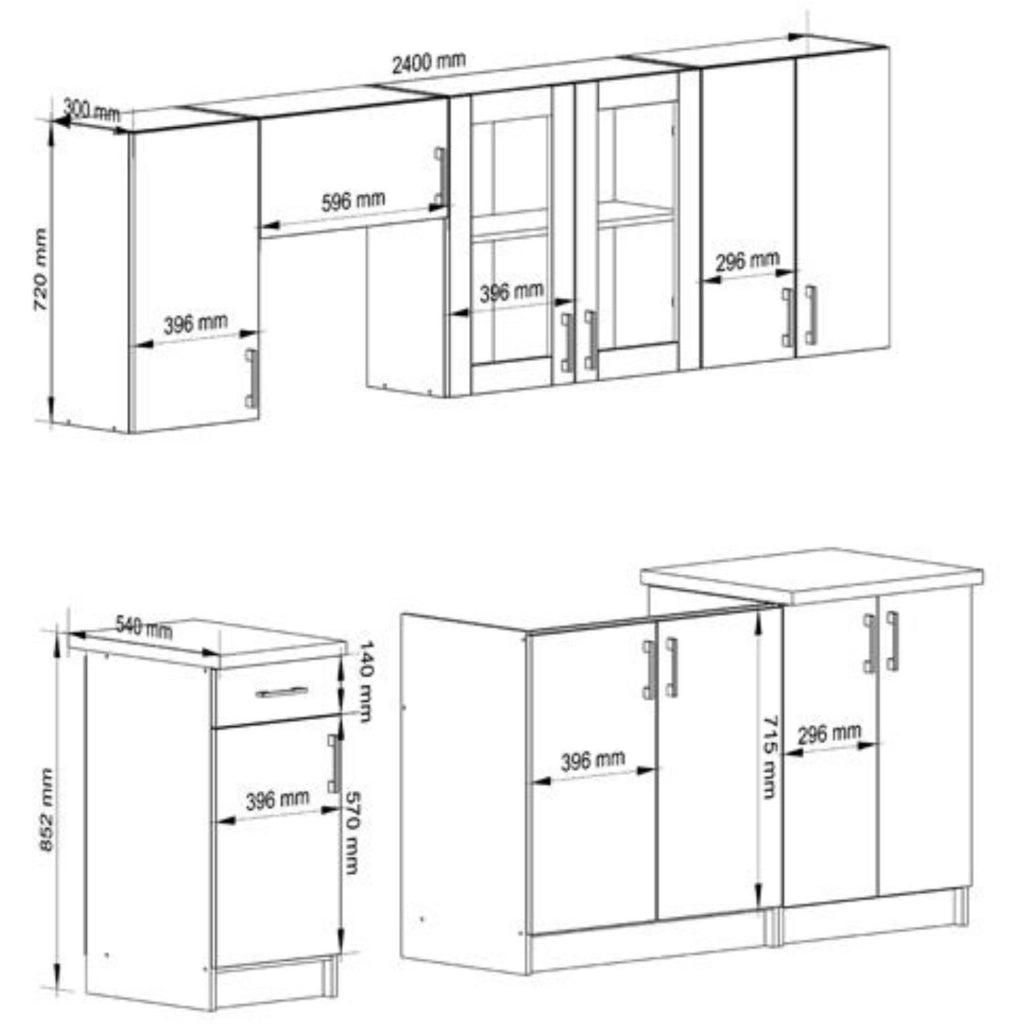 Set da cucina con vetrina AKORD LIMA 2,4 m H720 Bianco 240 cm 11 ante 1 cassetto frontale Rovere Sonoma 240×44,5×203 cm