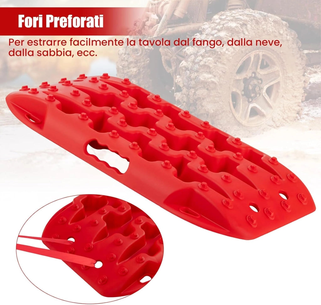 Tappetino di Trazione 2 Pezzi, Carico 10T, Piastre di Trazione per SUV Camper Auto Camion, Tavola di Recupero per Piste Offroad, per Sabbia, Neve, Fango (Rosso, 58 x 31 x 6 cm)