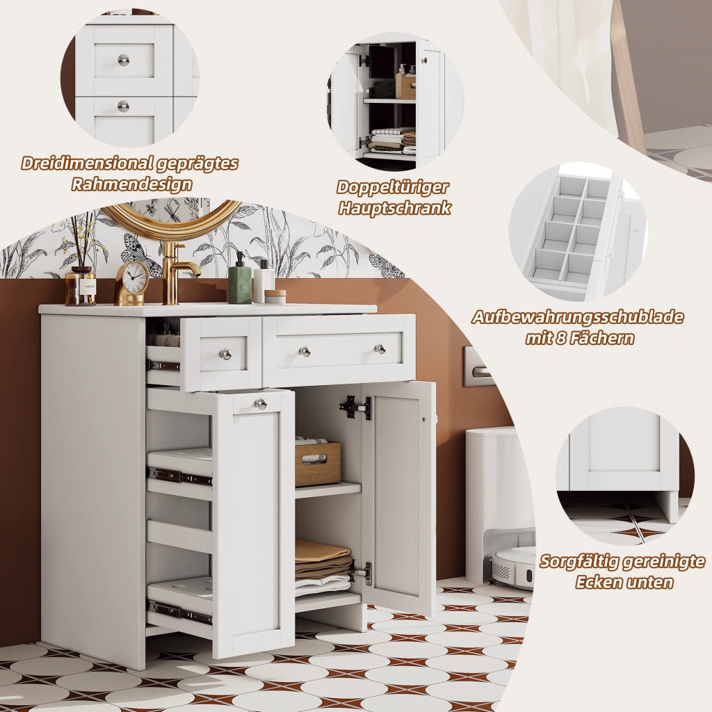 Mobile sottolavabo con 1 anta, 3 cassetti, lavabo in ceramica e chiusura ammortizzata per bagno bianco 76 × 47 × 86 cm