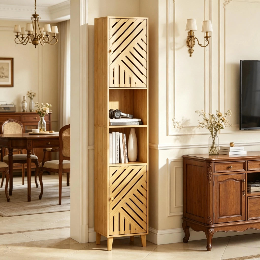ARMADIO BAGNO ALTO 32x30x170 cm Effetto legno naturale Bamboo e truciolare