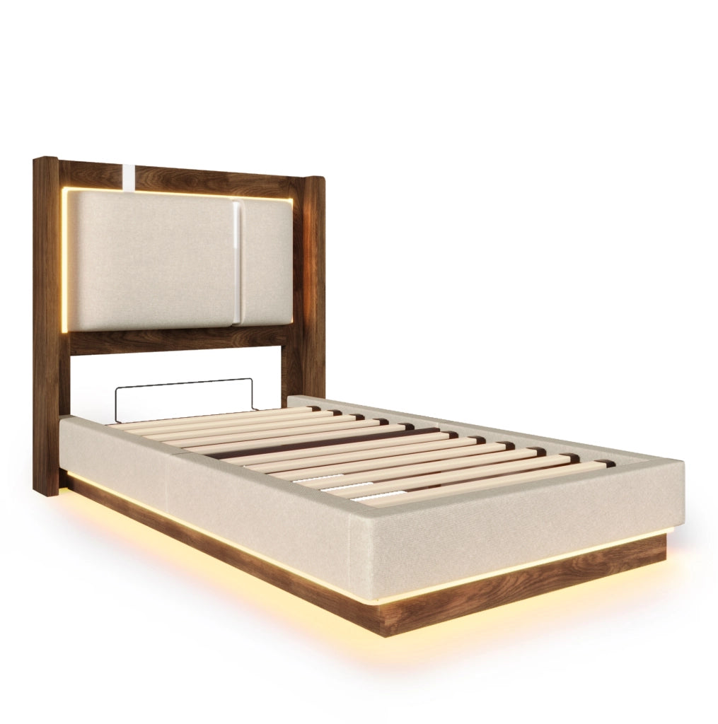Letto imbottito 90x200 con LED, contenitore e rete a doghe