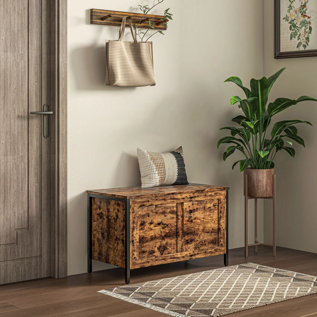 Cassapanca in Legno da 95L Stile Industriale con Coperchio e Cerniera di Sicurezza, 80x40x49cm, Marrone