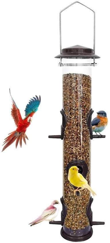 Hangare per uccelli selvatici in forma di tubo metallico, 6 prese, alimentatore per uccelli appeso, attrae gli uccelli in giardino, balcone (caffè)