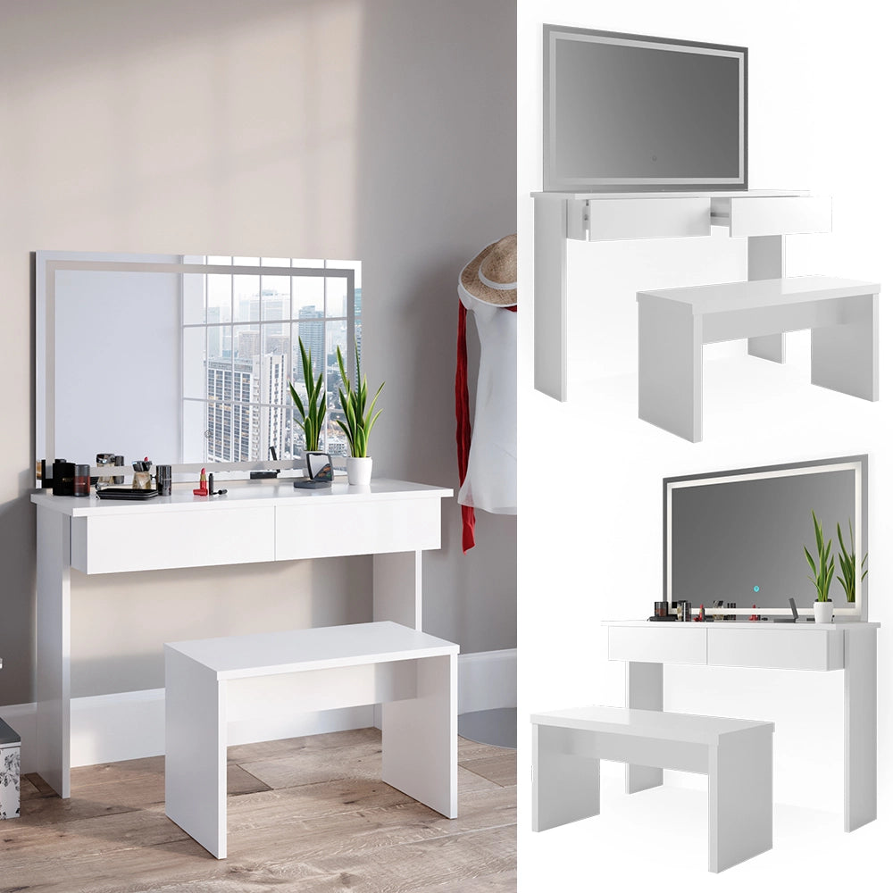 Vicco Tavolo da toeletta Bianco 120 cm con specchio LED e panca