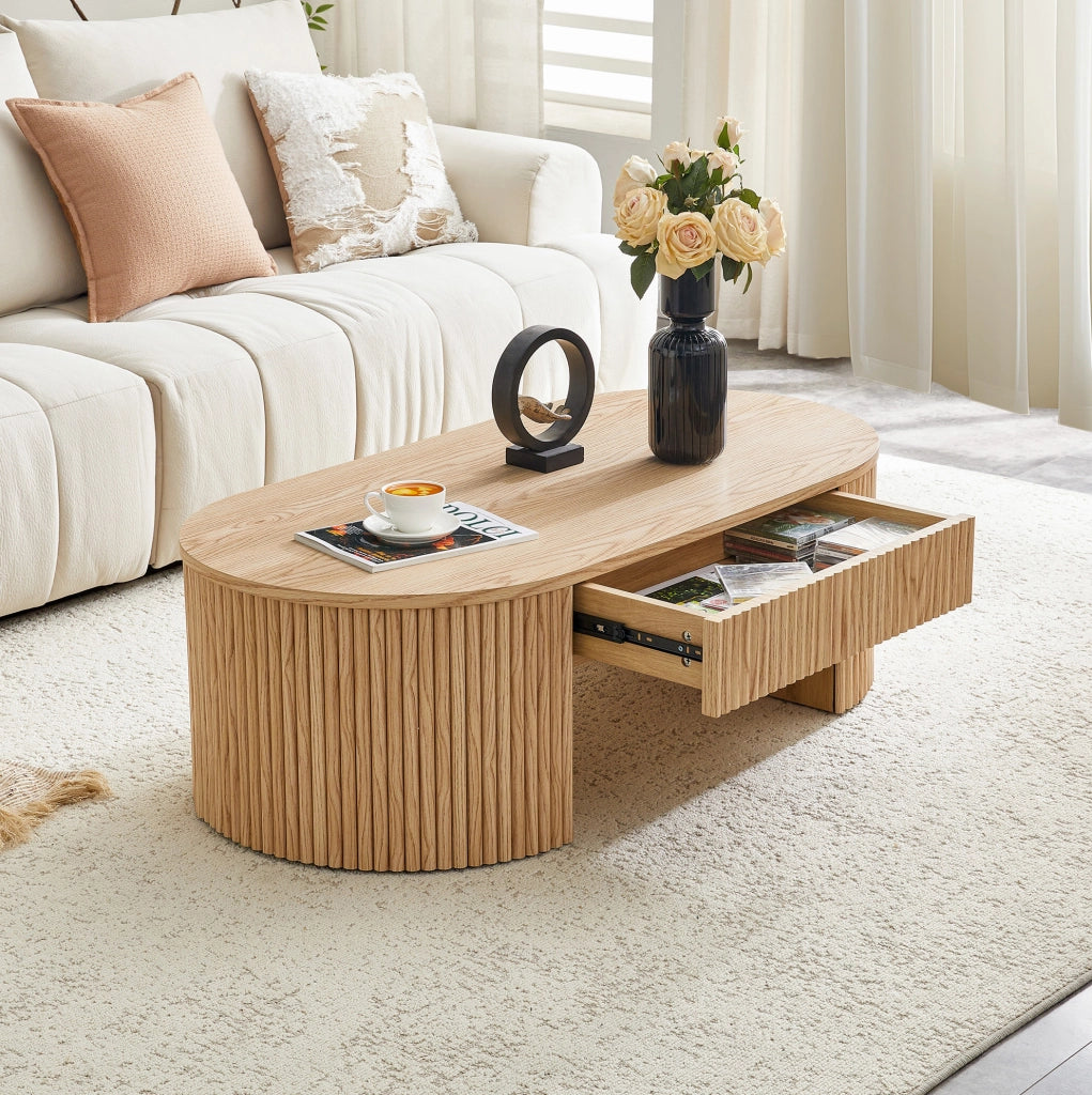Tavolino da caffè 118x65x17 cm con cassetto e finitura scanalata in MDF naturale