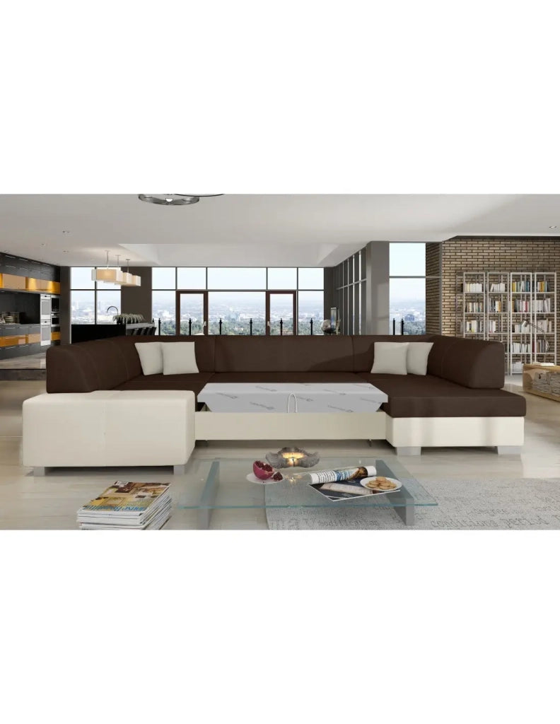 Divano panoramico a U Marrone & Bianco convertibile 6 posti HAVANA con contenitore integrato