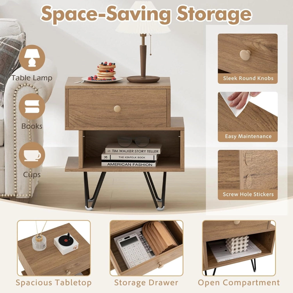 Set di 2 Comodini Camera da Letto con Scomparto e Cassetto, Comodini Piccoli in Legno, Armadietto da Ufficio, Tavolino Lato Moderno per Soggiorno, 39 x 29 x 47 cm (L x P x A) (Naturale)