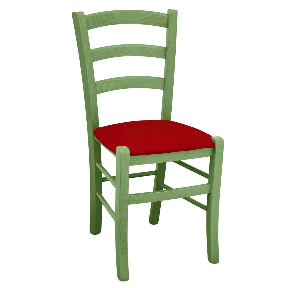 Sedie da sala da pranzo in legno Venezia verde con seduta in similpelle rosso