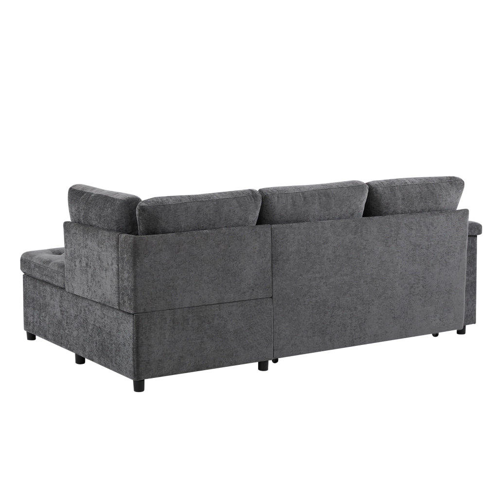 Divano angolare a destra in chenille con letto estraibile; contenitore; USB e portabicchieri; grigio scuro