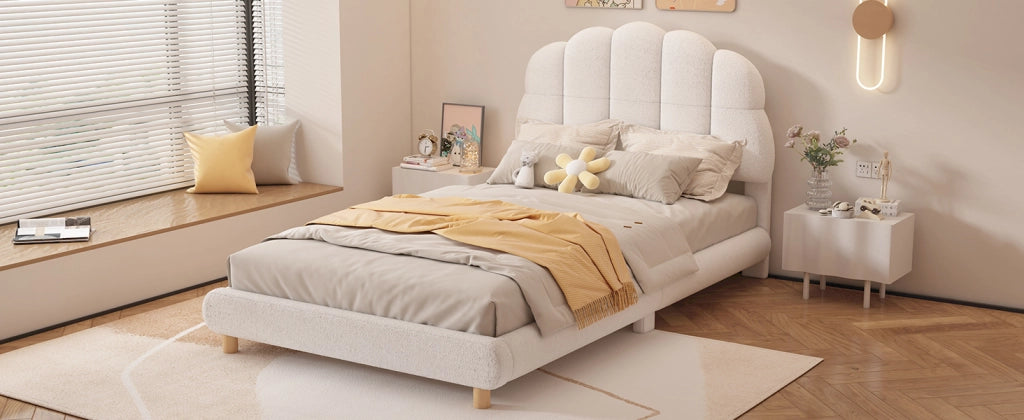 DESMIU Letto per bambini 90 × 200 cm 1 posto con testiera imbottita, senza materasso, in tessuto peluche e MDF, bianco