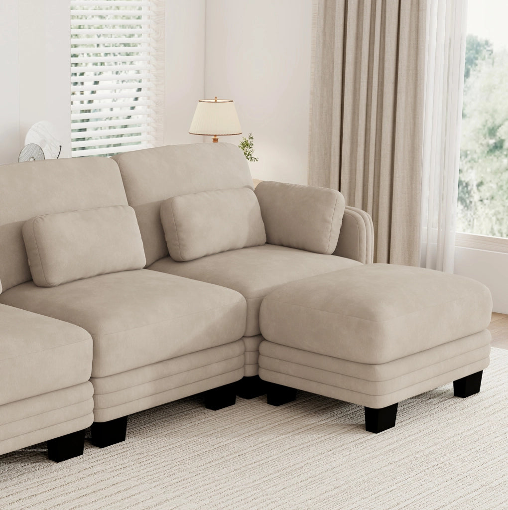 Divano modulare a U 253x143x88 cm con pouf e rivestimento in ciniglia color caff¨¨ chiaro