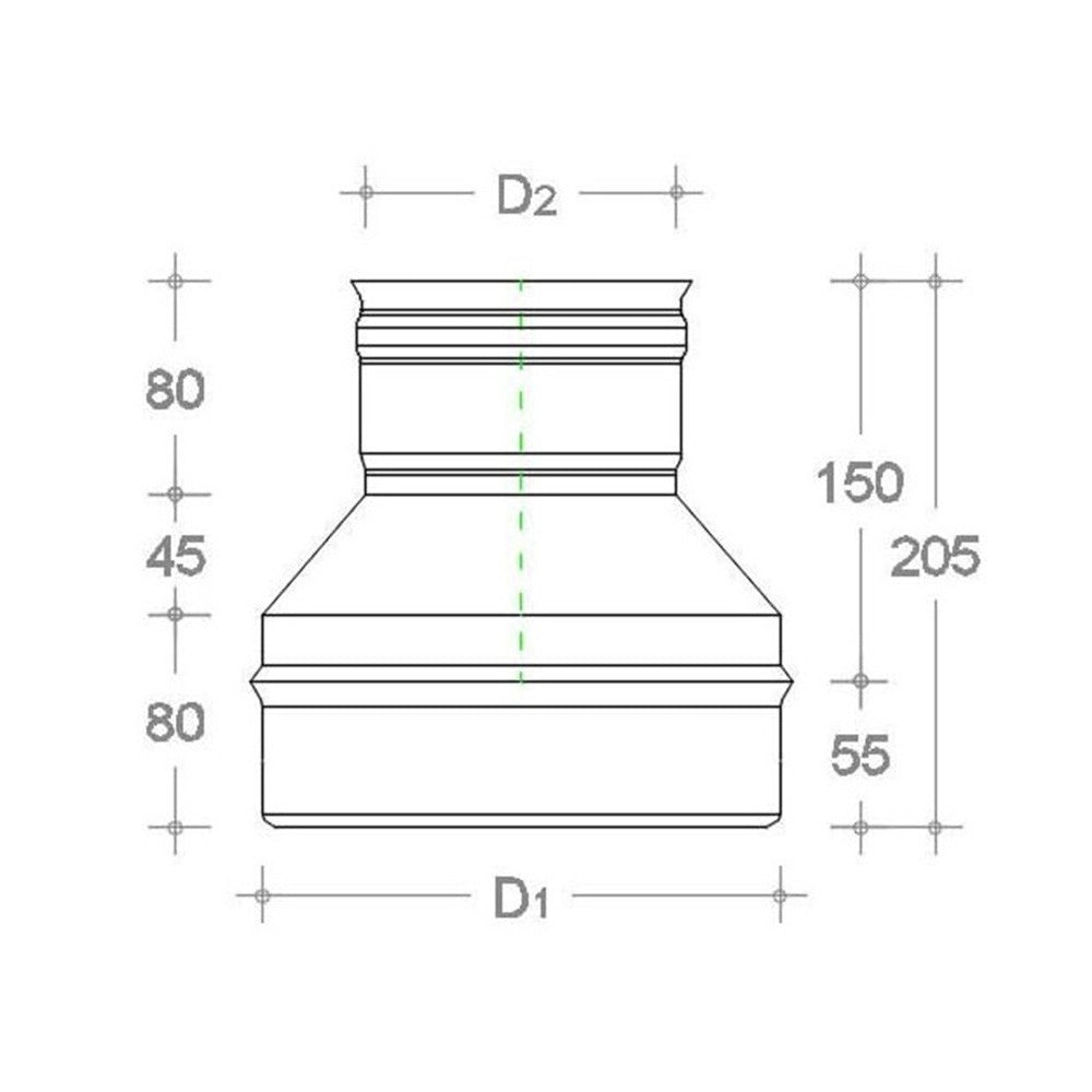 Riduzione inox da m 130 a f variabile spessore 6 decimi aisi 304, diametro 100mm
