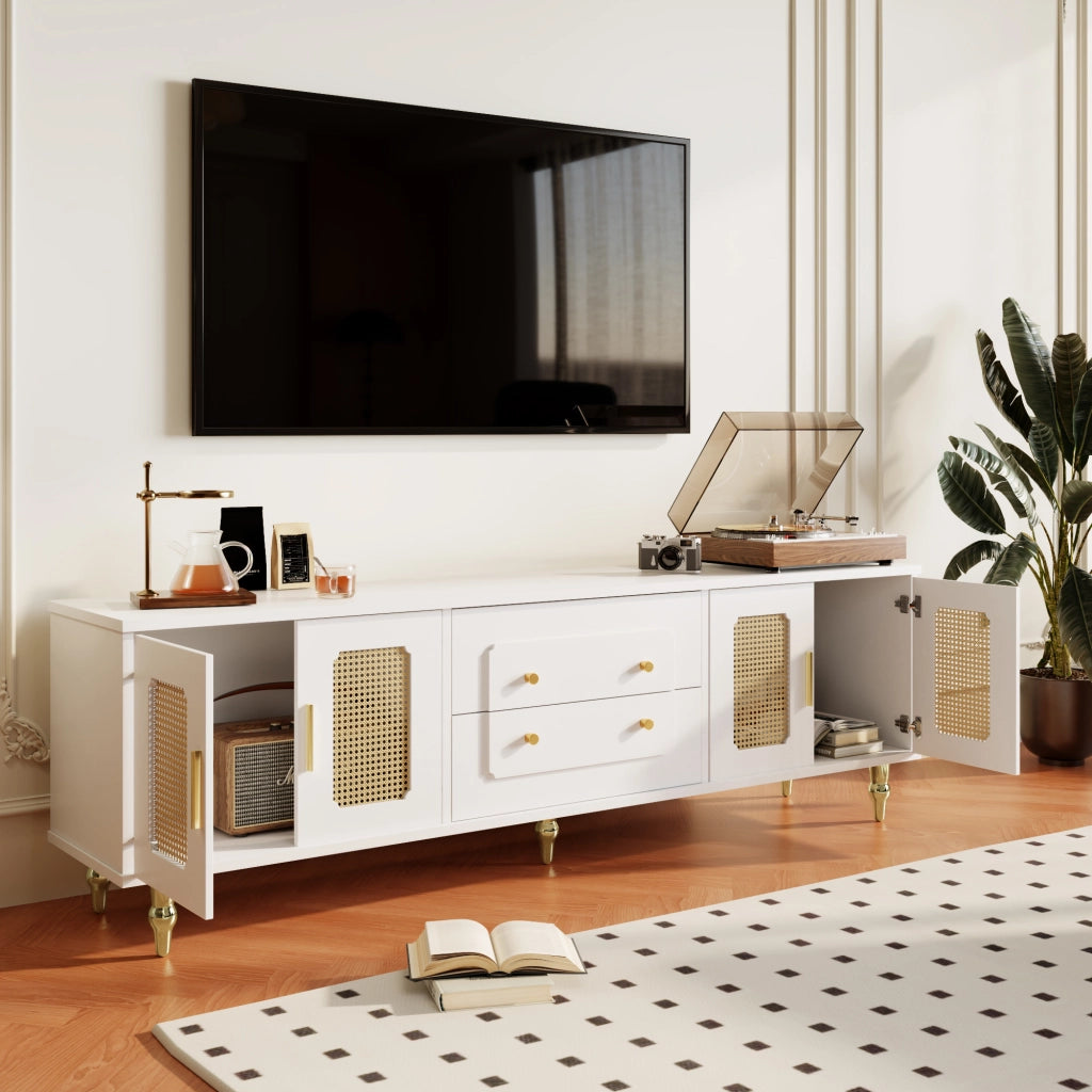 Mobile TV 175x38x55.5 cm; ante in PVC effetto rattan e cassetti push-to-open; truciolare bianco