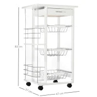 Carrello Isola da Cucina Salvaspazio in Legno di Pino, Carrello Portavivande con 4 Ruote Cassetto 3 Cesti Estraibili Portafrutta, Bianco