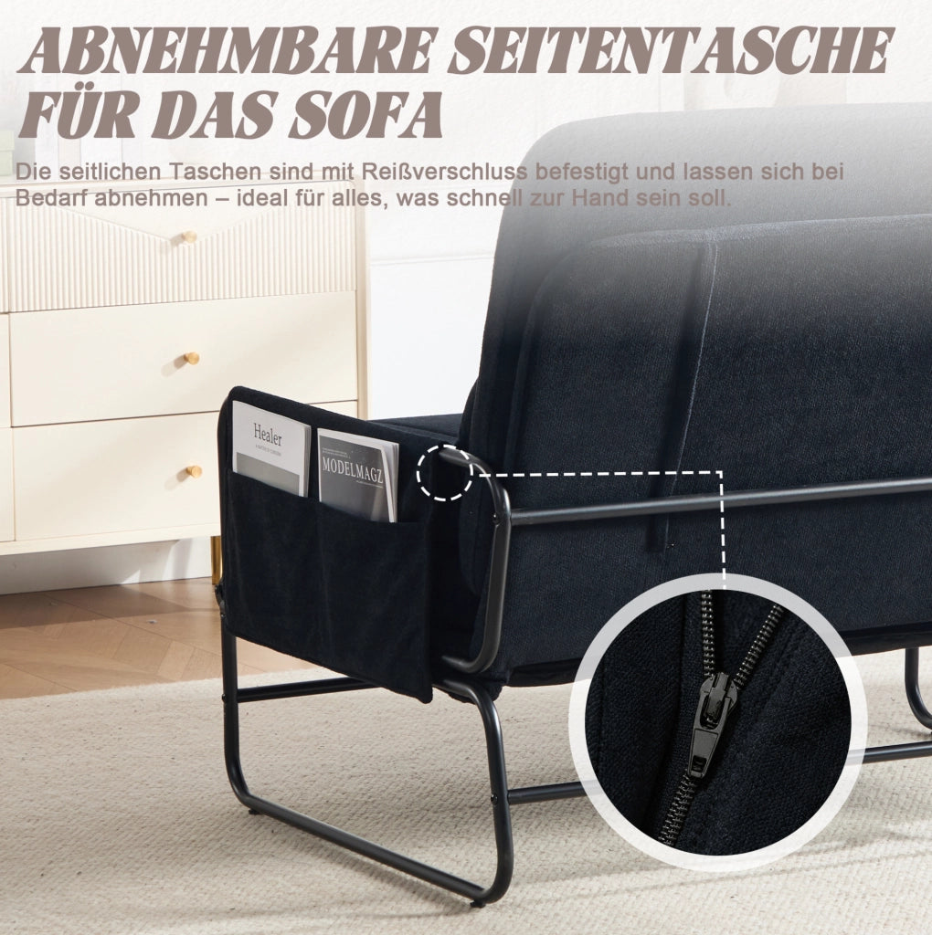 Divano letto a 2 posti convertibile in chenille nero con struttura in metallo; 104x85x92 cm