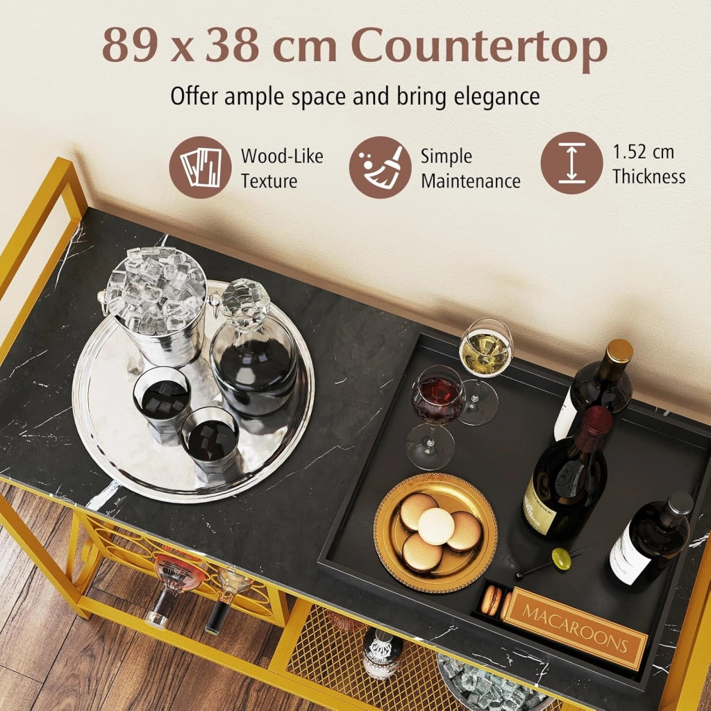 Portabottiglie per vino con mensola per 21 bottiglie e portabicchieri, piano ampio e ripiano inferiore, 93 x 38 x 102 cm, mobile ausiliario per bar, cantina, sala da pranzo (nero+oro)