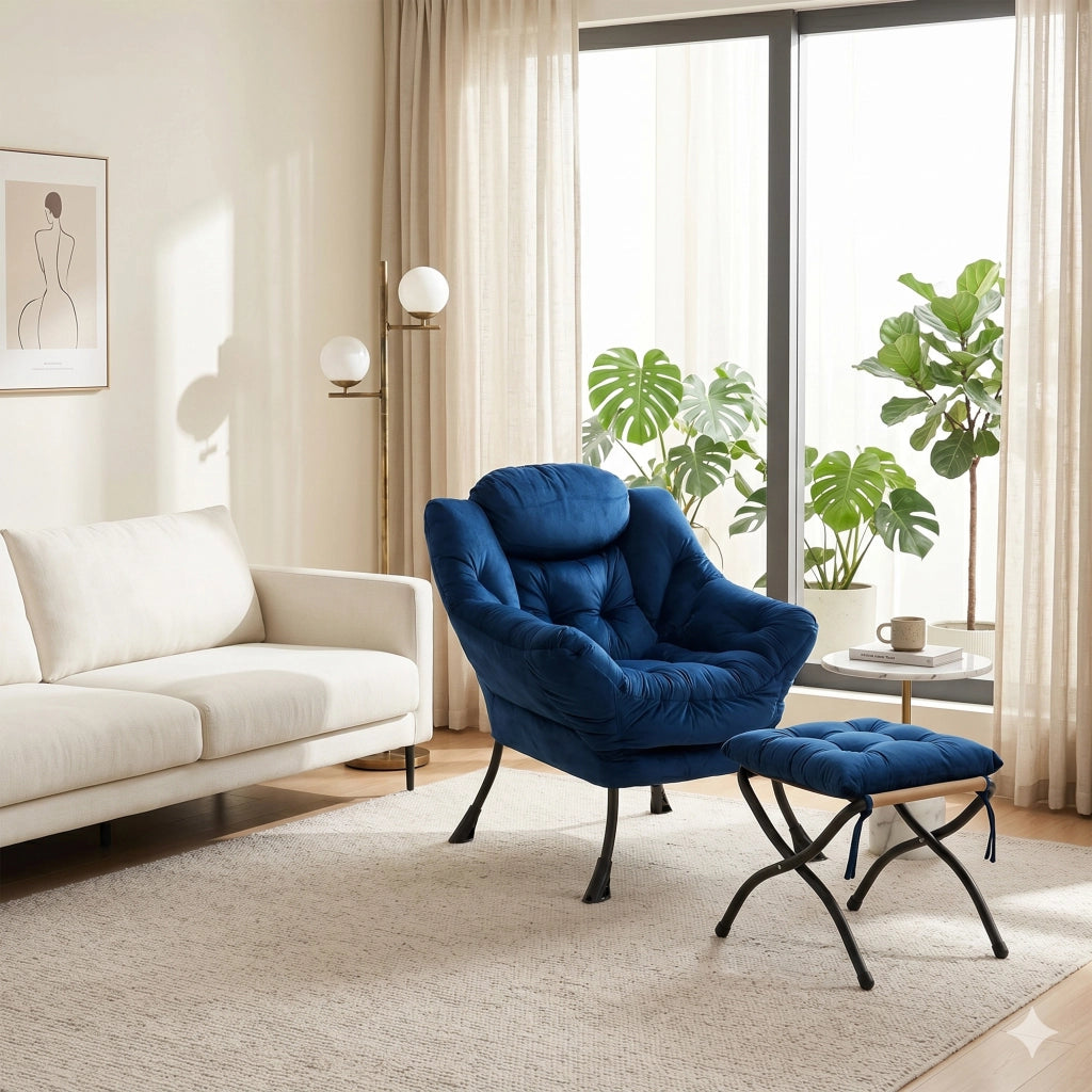 POLTRONA Relax con Pouf 70x77x20 cm Tessuto Blu Scuro