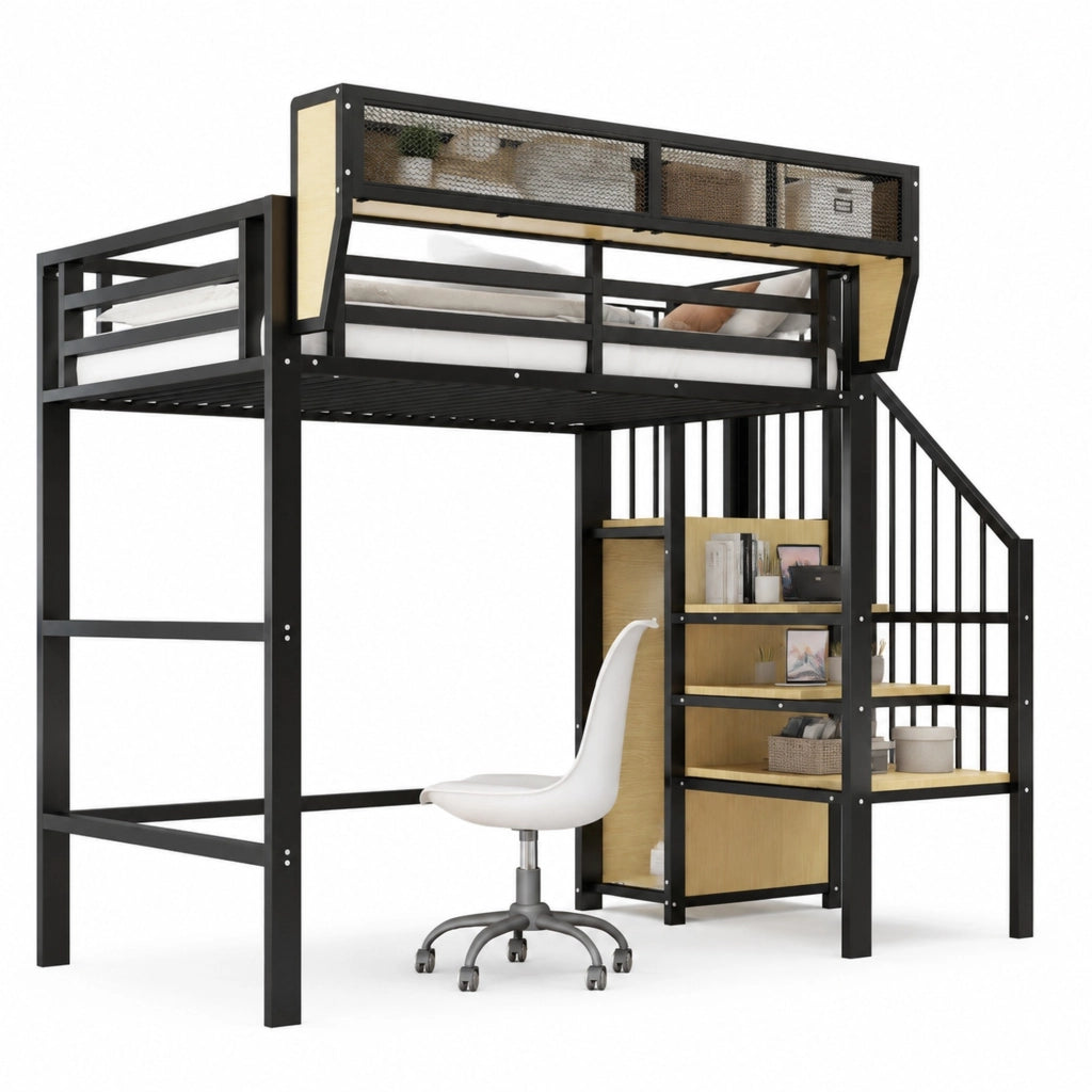 Letto a soppalco 90x200 nero con ripiano regolabile