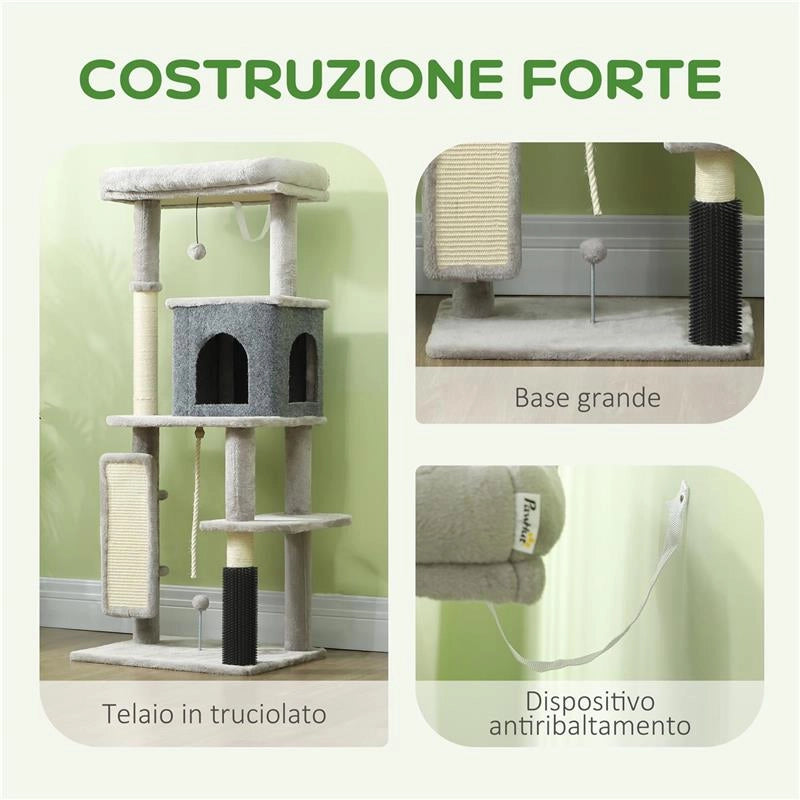 ALBERO PER GATTI MULTILIVELLO ALTO 132 CM CON CASETTA, LETTINO, PALI TIRAGRAFFI, SPAZZOLA E PALLINA, GRIGIO