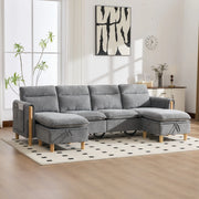Divano modulare a U 261x77x86 cm in ciniglia grigio chiaro con contenitore –