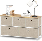 Cassettiera con 5 Cassetti in Tessuto Comodino Basso Design Organizer Pratico Metallo Armadietto Multiuso per Ingresso Camera da letto Cucina Corridoio Soggiorno in Legno e Acciaio Bianco e Beige