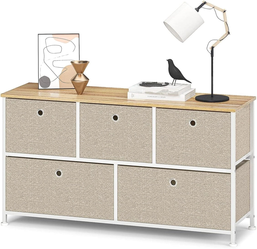 Cassettiera con 5 Cassetti in Tessuto Comodino Basso Design Organizer Pratico Metallo Armadietto Multiuso per Ingresso Camera da letto Cucina Corridoio Soggiorno in Legno e Acciaio Bianco e Beige