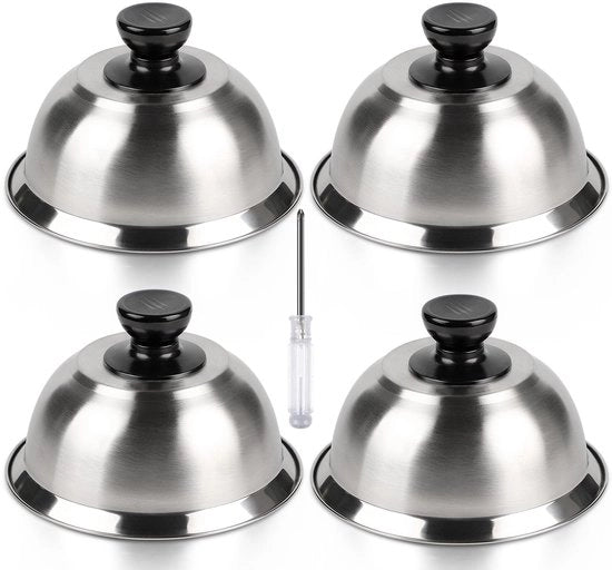 Dome di Cheeseburger in Acciaio Inox, Set di 4, Fiamme e Griglia in Acciaio Inox per la Preparazione di Cheeseburgers, Copertura di Burger con 1 Mini Chiave a Croce, 16 * 9CM