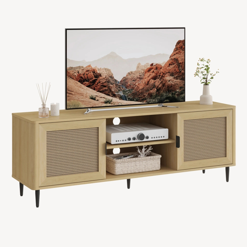 Mobile TV Lukhomso con Ante Inserto Effetto Rattan 152x40x54 cm Effetto Rovere [en.casa]