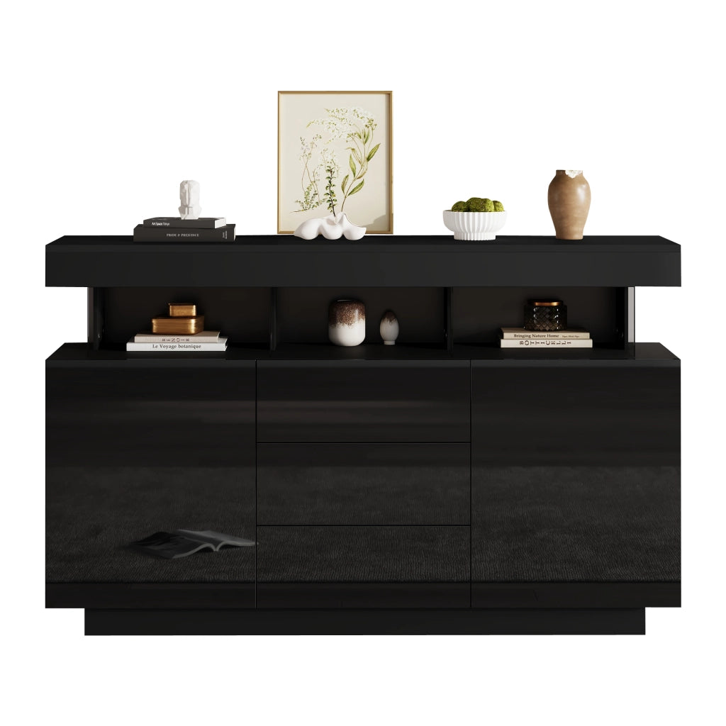 Sideboard moderno lucido nero 140 x 35 x 80 cm con LED, 3 cassetti e 2 vani contenitori