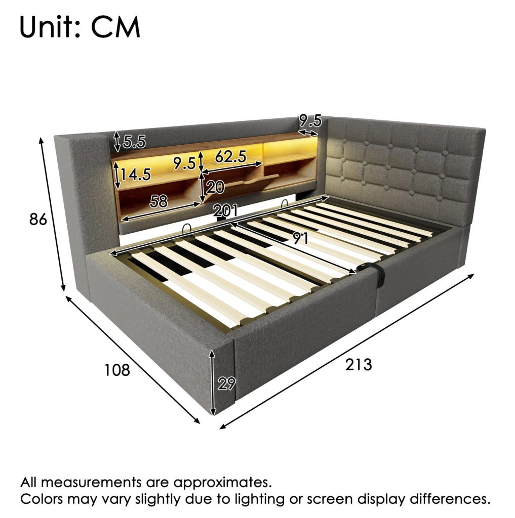 Letto singolo 90x200 cm con LED, USB-C e contenitore grigio
