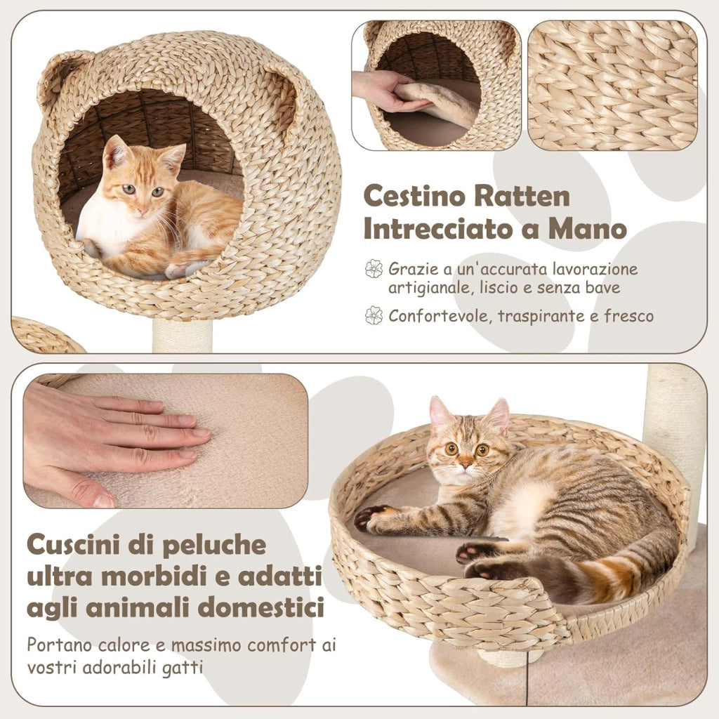 Tiragraffi per Gatti Adulti, Albero Tiragraffi con Cuccia, Piattaforma, Cuscini e Tiragraffi, Torre per Animali Domestici in Legno, 49,5 x 49,5 x 121 cm
