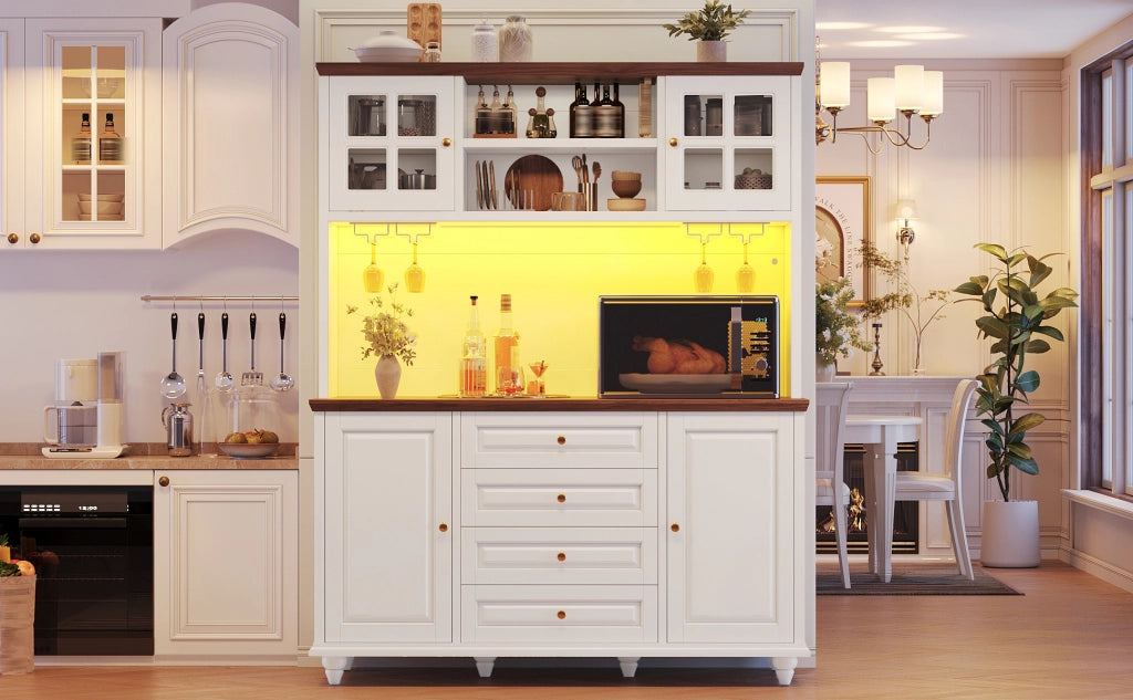 Credenza alta con LED RGB, ripiani regolabili e 4 cassetti, per cucina e soggiorno, in MDF, bianco, 140 × 40 × 179,5 cm